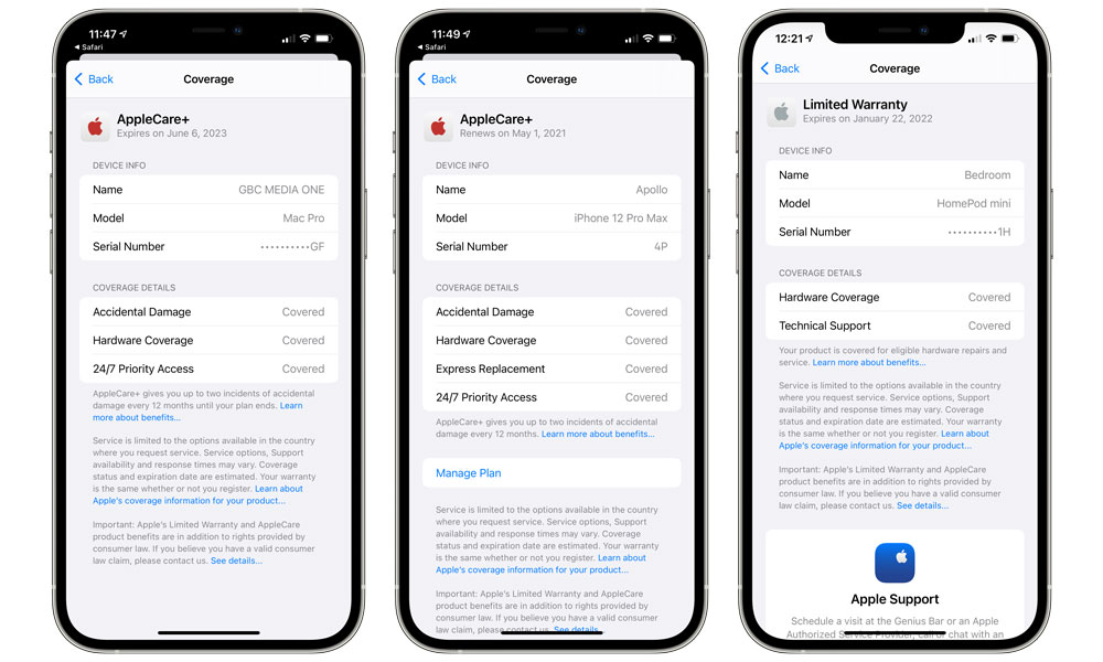 Apple Support App Clip coverage details