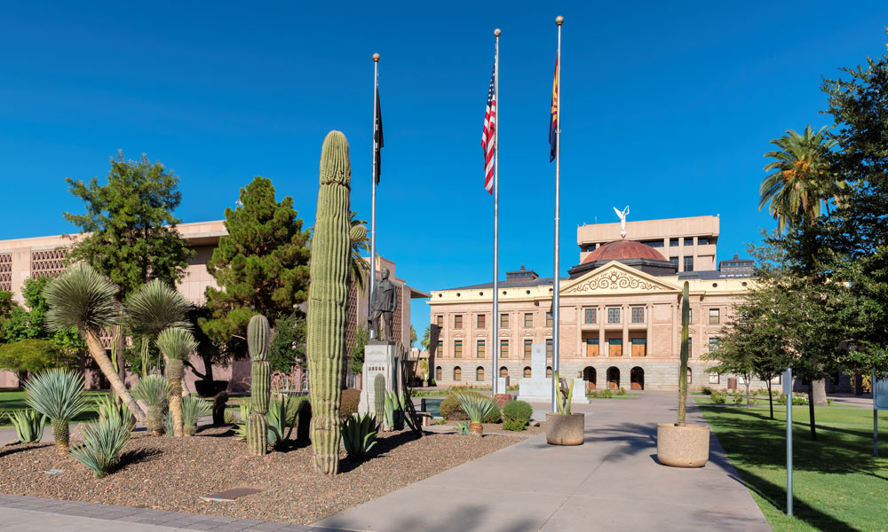 Arizona State Capitol with flags