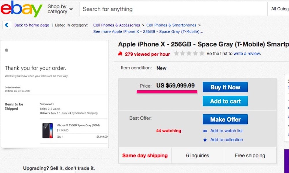 iPhone X Devices Demand up to $60,000 on eBay This Morning