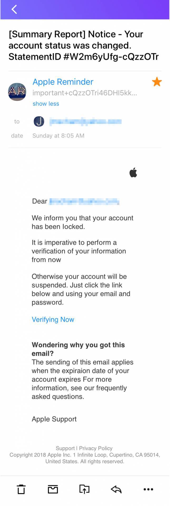 Fake Apple Phishing Email 20182