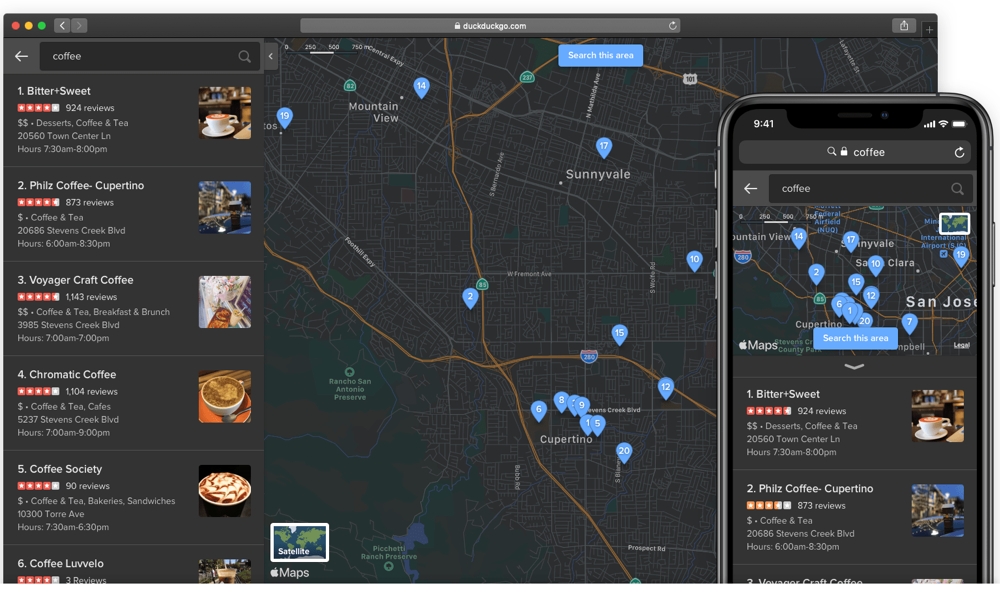 DuckDuckGo and Apple Maps Dark Mode.