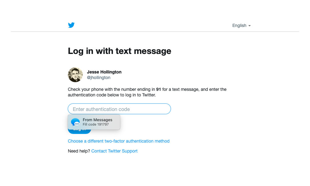 Twitter SMS OTP 2FA login with Messages autofill