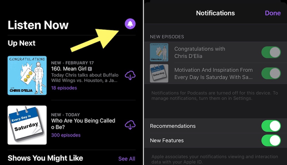 Listen Now Podcast Notifications iOS 23