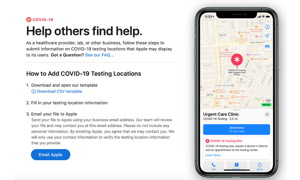 Apple Maps Register COVID 19 testing location