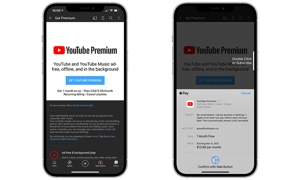 YouTube Premium In App Purchase
