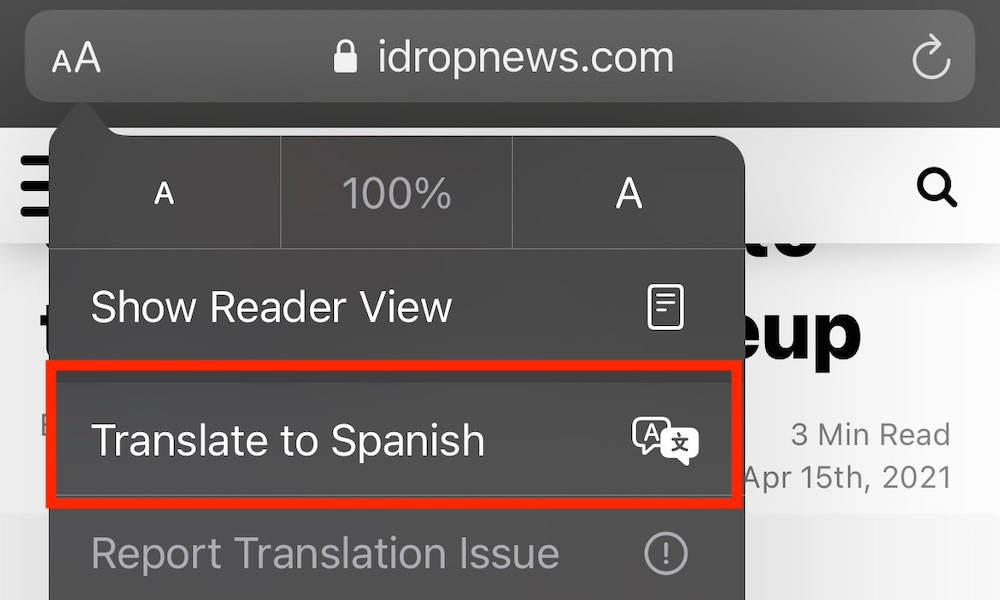 Translation feature Safari iPhone