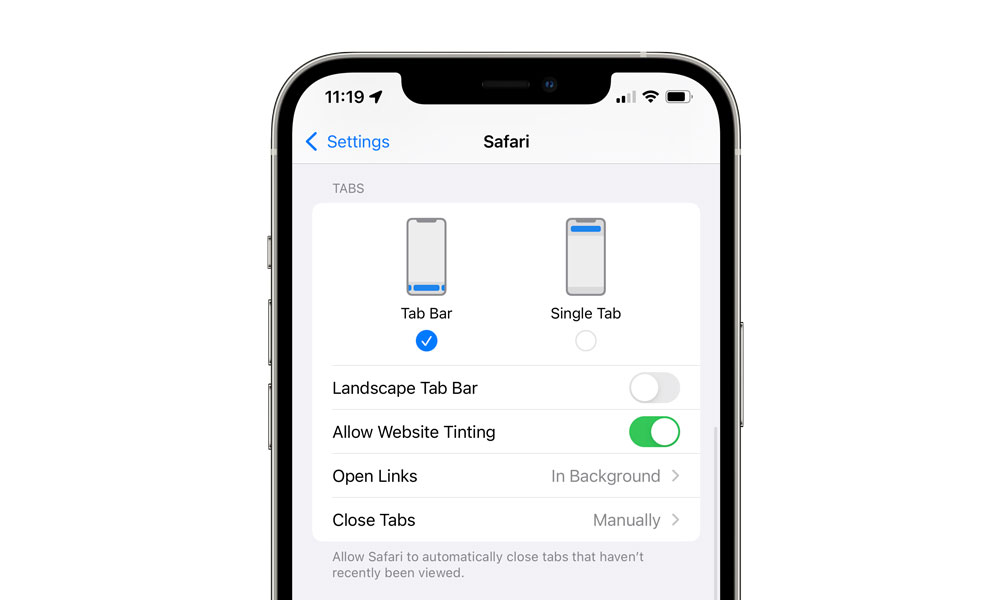 Safari Tab Settings in iOS 15 beta 6