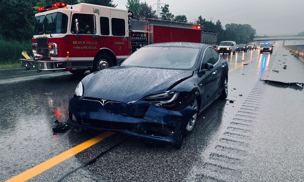 Tesla Car Crash Wrecked Front End