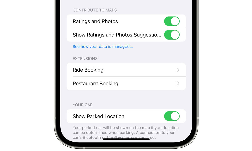 Apple Maps Ratings and Photos Settings