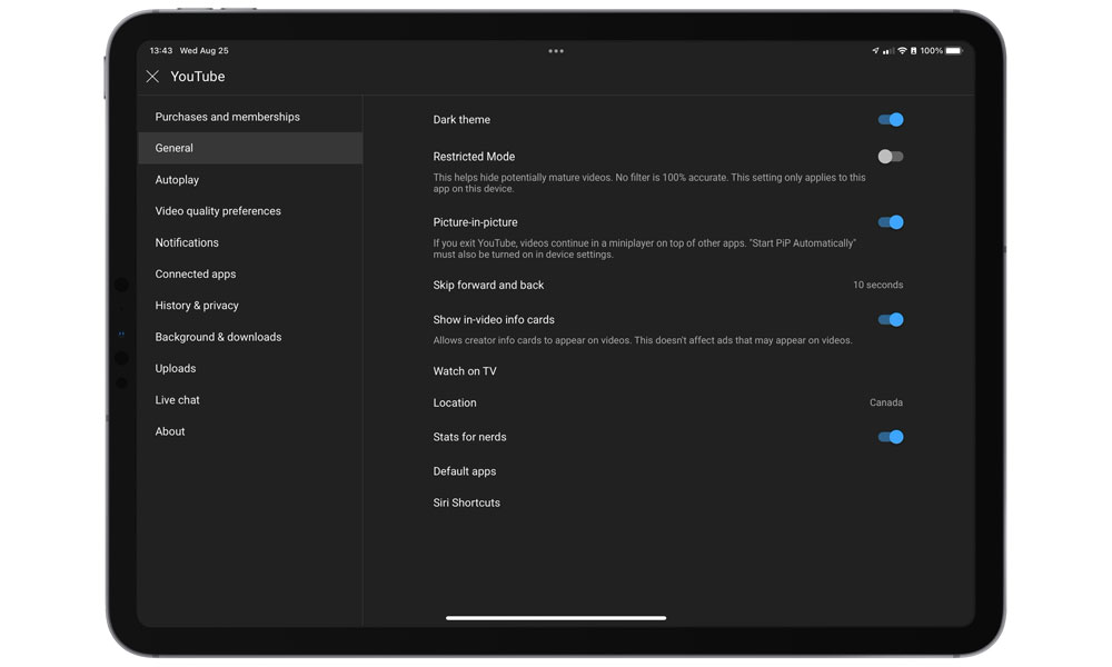 YouTube PiP setting on iPad