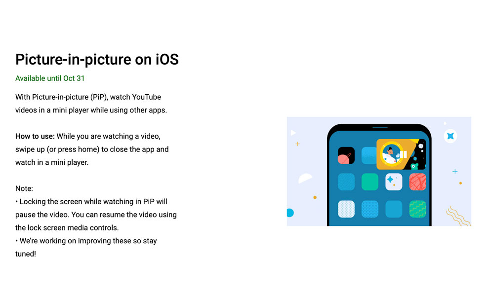 YouTube Picture in Picture on iOS page