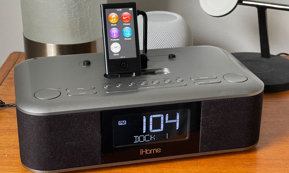 iPod nano docked on iHome clock radio speaker