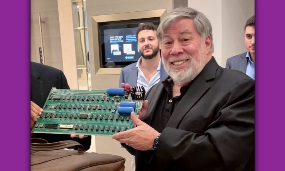 Steve Wozniak holding Apple 1 Motherboard