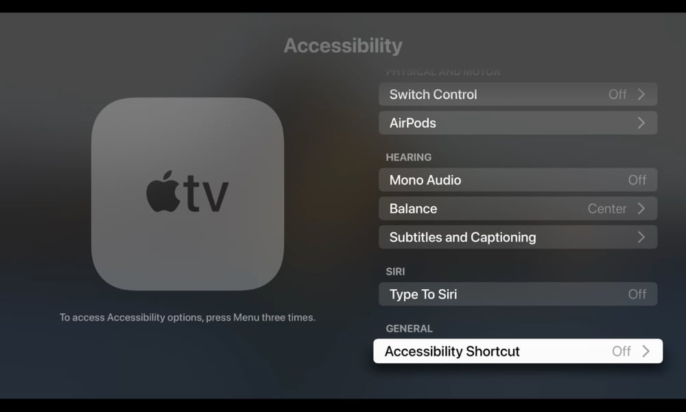 Apple TV Accessibility Shortcut