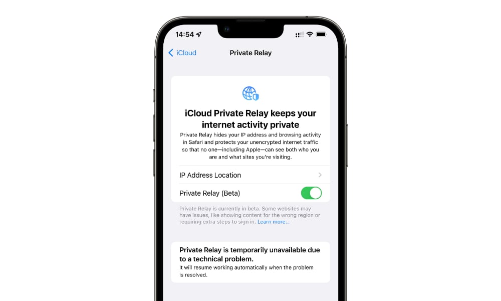 iCloud Private Relay temporarily unavilable iOS 15.3