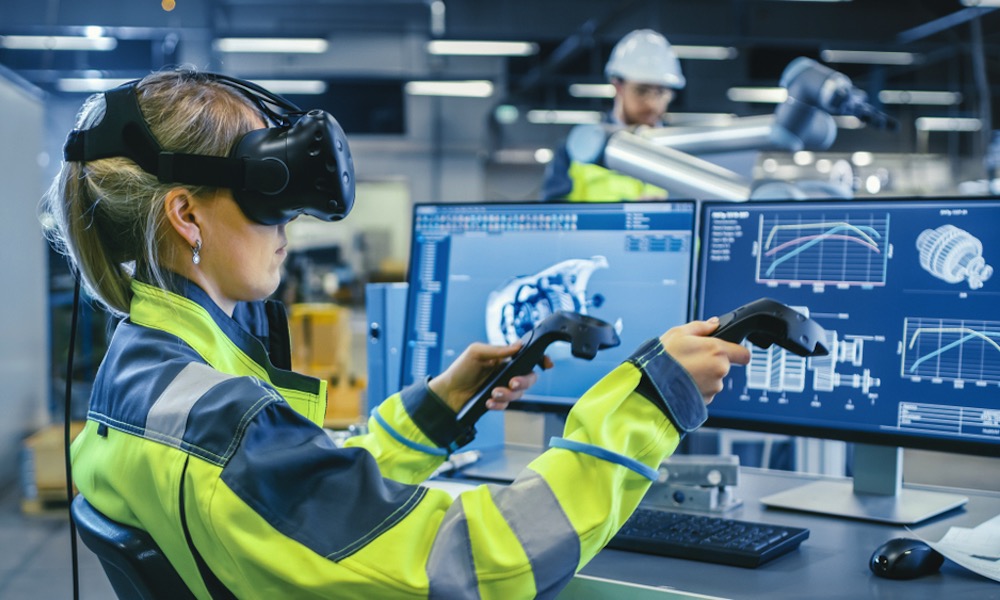 Female Industrial Engineer Wearing Virtual Reality VR Headset 