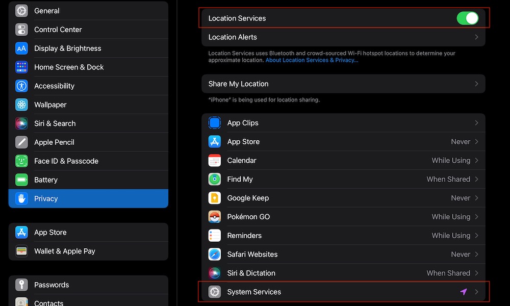 Disable Location Services on iPad