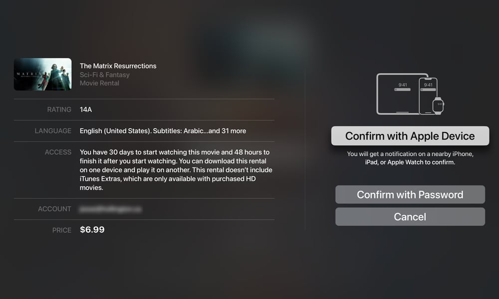 Apple TV confirm purchase on Apple Watch