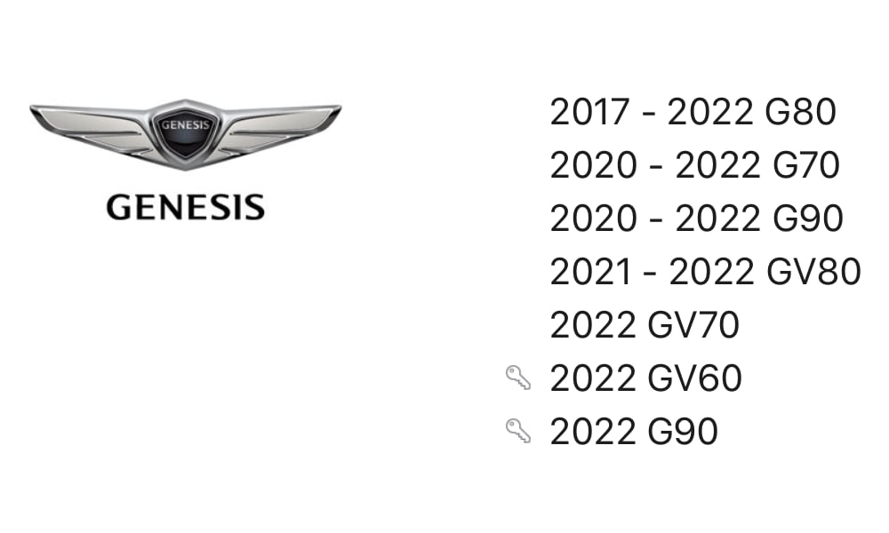 Genesis Car Key Supported Models