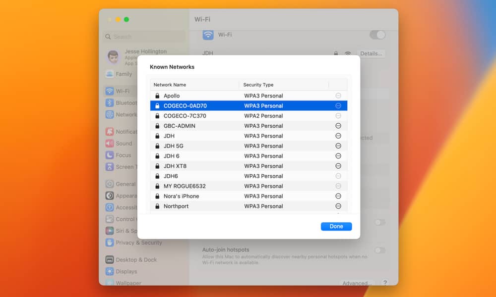 macOS 13 Ventura manage Wi Fi networks